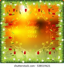 Very high quality original trendy frame with grass, flowers, tulip, chamomile on sunset background