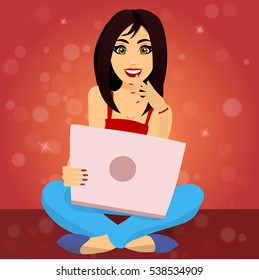 Very high quality original trendy vector illustration of female with laptop in meditation pose