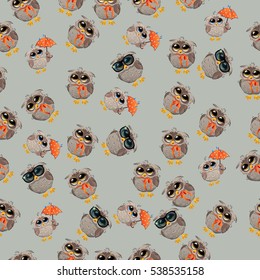 Very high quality original trendy vector seamless pattern with an Cute owl with umbrella