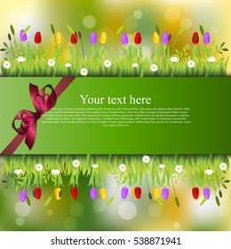 Very high quality original trendy banner with grass, flowers, chamomile, Tulip and realistic ribbon