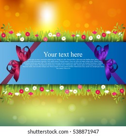 Very high quality original trendy banner with grass, flowers, chamomile and realistic ribbon on sunset background