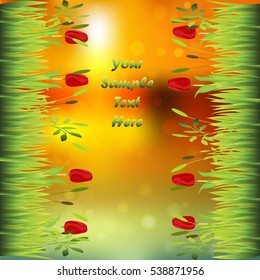 Very high quality original trendy illustration of grass with flowers, tulip frame for text or card on sunset background