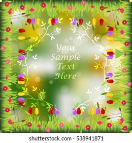 Very high quality original trendy frame with grass, flowers, tulip, chamomile on sunset background