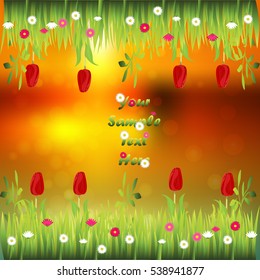 Very high quality original trendy illustration of grass with flowers, tulip frame for text or card on sunset background