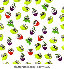 Very high quality original trendy seamless pattern with fresh plum and slice character, personage or face