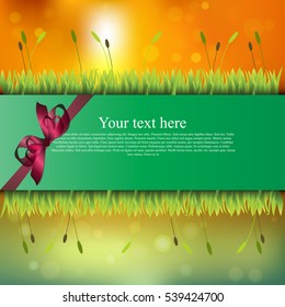 Very high quality original trendy banner with grass, flowers and realistic ribbon on sunset background