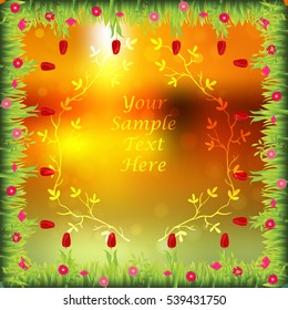 Very high quality original trendy frame with grass, flowers, tulip, chamomile on sunset background