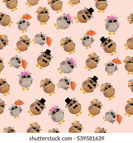 Very high quality original trendy vector seamless pattern with an Cute owl with umbrella