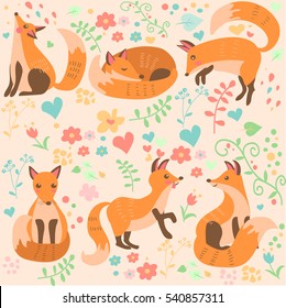 Very high quality original trendy vector seamless set with a cute fox