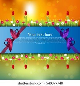 Very high quality original trendy banner with grass, flowers, chamomile, Tulip and realistic ribbon on sunset background