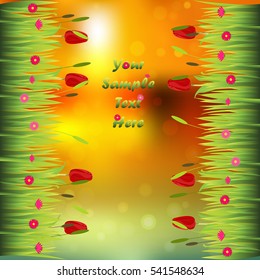 Very high quality original trendy illustration of grass with flowers, tulip frame for text or card on sunset background