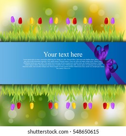Very high quality original trendy banner with grass, flowers, chamomile, Tulip and realistic ribbon