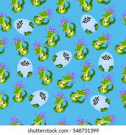 Very high quality original trendy seamless pattern with baby crocodile or alligator with nipple and diaper