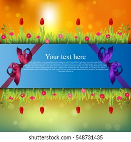 Very high quality original trendy banner with grass, flowers, chamomile, Tulip and realistic ribbon on sunset background