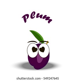 Very high quality original trendy illustration of a fresh plum slice character, personage or face