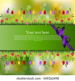Very high quality original trendy banner with grass, flowers, chamomile, Tulip and realistic ribbon