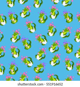 Very high quality original trendy seamless pattern with baby crocodile or alligator with nipple and diaper