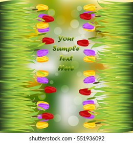 Very high quality original trendy illustration of grass with flowers, tulip frame for text or card