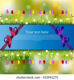 Very high quality original trendy banner with grass, flowers, chamomile, Tulip and realistic ribbon
