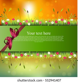 Very high quality original trendy banner with grass, flowers, chamomile and realistic ribbon on sunset background