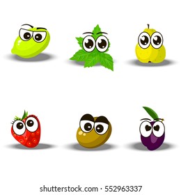 Very high quality original trendy set with fresh plum, lime, mint strawberry, pear, kiwi character, personage or face