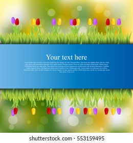 Very high quality original trendy banner with grass, flowers, chamomile, Tulip