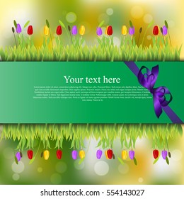 Very high quality original trendy banner with grass, flowers, chamomile, Tulip and realistic ribbon