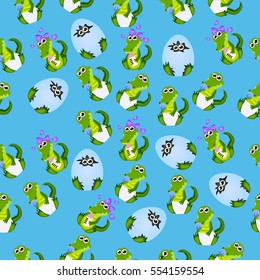 Very high quality original trendy seamless pattern with baby crocodile or alligator with nipple and diaper