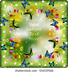 Very high quality original trendy illustration of grass with flowers, tulip and butterfly frame for text or card