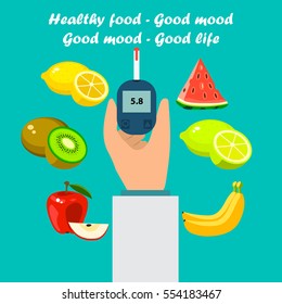 Very high quality original trendy vector flat illustration Blood test or glaucometer, glucose meter with healty food