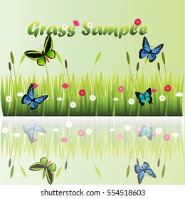 Very high quality original trendy illustration of grass with flowers, chamomile and butterfly