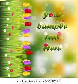 Very high quality original trendy illustration of grass with flowers, tulip frame for text or card