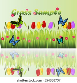 Very high quality original trendy illustration of grass with flowers, chamomile, tulip and butterfly