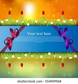 Very high quality original trendy banner with grass, flowers, chamomile, Tulip and realistic ribbon on sunset background