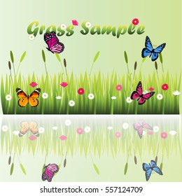 Very high quality original trendy illustration of grass with flowers, chamomile and butterfly