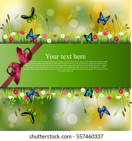 Very high quality original trendy banner with grass, chamomile, butterfly and realistic ribbon