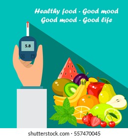 Very high quality original trendy vector flat illustration Blood test or glaucometer, glucose meter with healty food