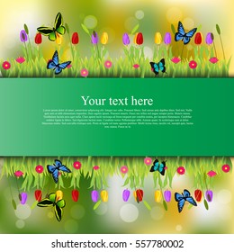 Very high quality original trendy banner with grass, flowers, Tulip and butterfly