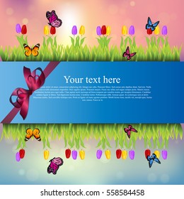 Very high quality original trendy banner with grass, chamomile, Tulip and butterfly and realistic ribbon