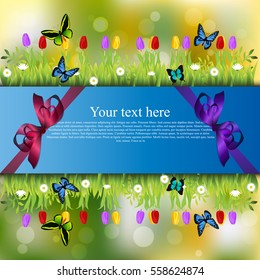 Very high quality original trendy banner with grass, chamomile, Tulip and butterfly and realistic ribbon