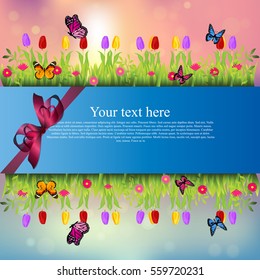 Very high quality original trendy banner with grass, chamomile, Tulip and butterfly and realistic ribbon