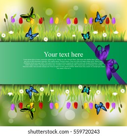 Very high quality original trendy banner with grass, chamomile, Tulip and butterfly and realistic ribbon