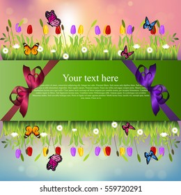 Very high quality original trendy banner with grass, chamomile, Tulip and butterfly and realistic ribbon