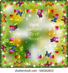 Very high quality original trendy illustration of grass with flowers and butterfly frame for text or card