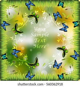 Very high quality original trendy illustration of grass with flowers and butterfly frame for text or card