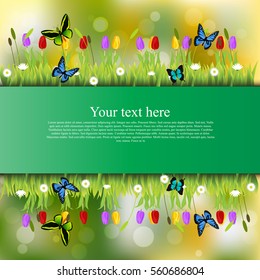 Very high quality original trendy banner with grass, flowers, chamomile, Tulip and butterfly