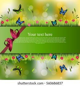 Very high quality original trendy banner with grass, chamomile, butterfly and realistic ribbon