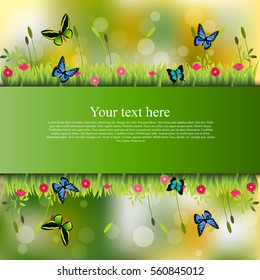 Very high quality original trendy banner with grass, flowers, chamomile and butterfly