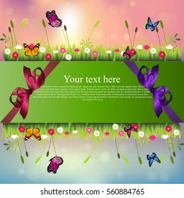 Very high quality original trendy banner with grass, chamomile, butterfly and realistic ribbon