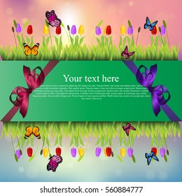 Very high quality original trendy banner with grass, chamomile, Tulip and butterfly and realistic ribbon